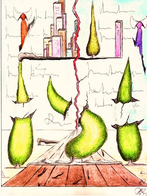 Vanità di tre cipressi, 01/08/2012, disegno a penna e acquerello, Pasquale Mastrogiacomo, Acerno(SA)