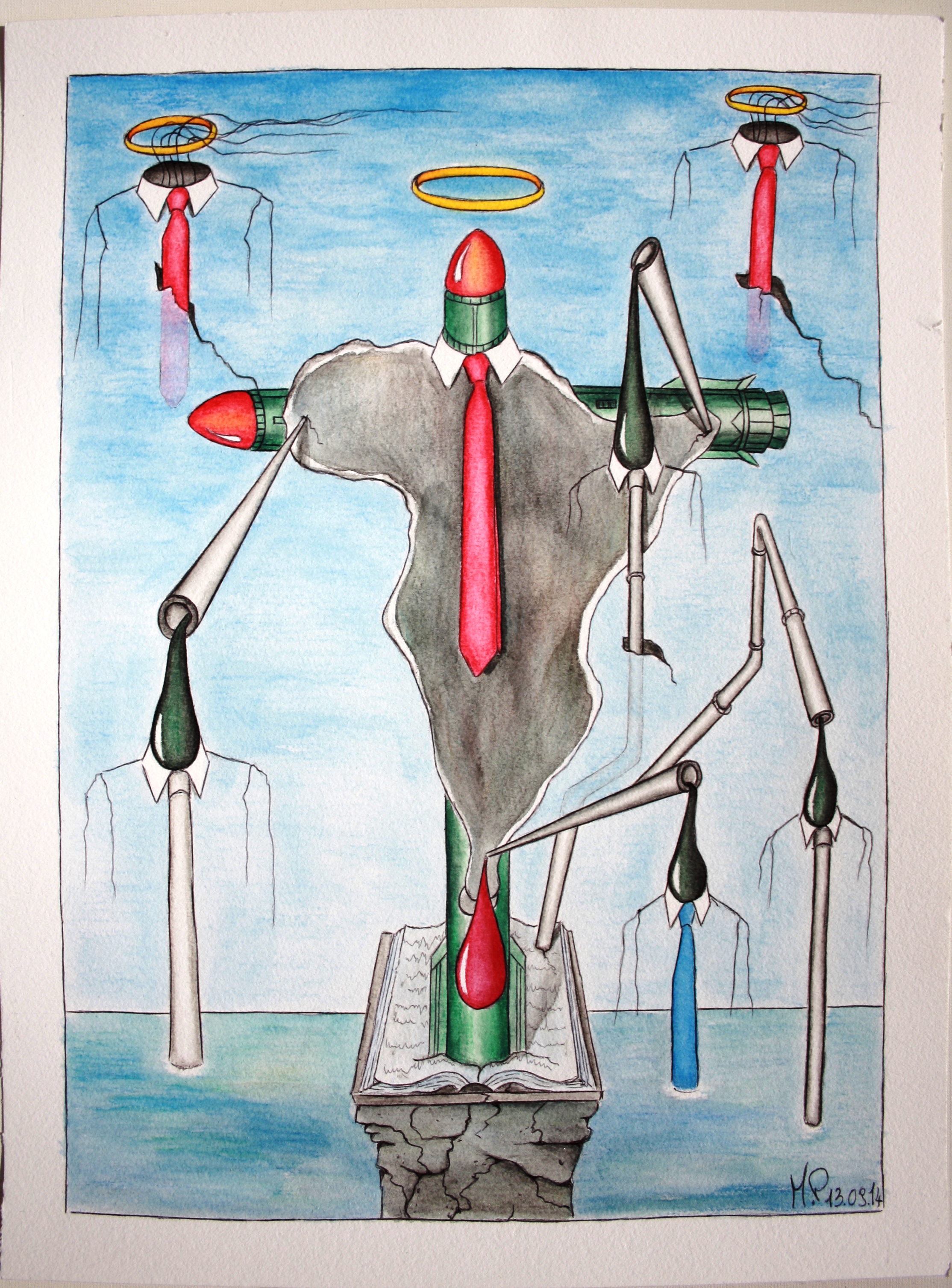 Crocifissione di un continente(Crucifixion of a continent), 2014 disegno a penna e acquerello (drawing in pen and watercolor) , Pasquale Mastrogiacomo, Acerno (SA).