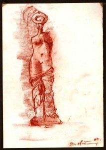 Venere delle chiavi (Venus keys), 1989 disegno (design), sanguigna su carta, cm 21x29,5, Pio Mastrogiacomo, Acerno (SA).