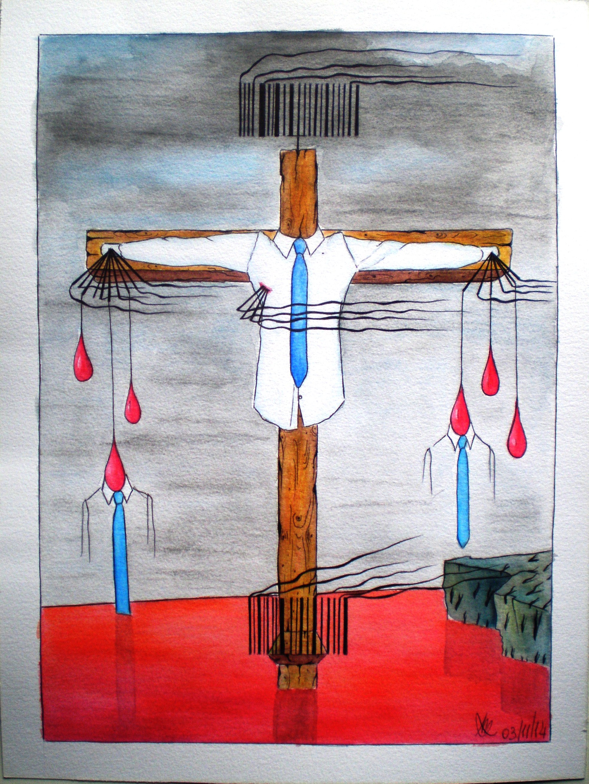Crocifissione di colletti bianchi (crucifixion of white-collar), 2014 disegno a penna e acquerello (Pen drawing and watercolor), cm 30x40, Pasquale Mastrogiacomo, Acerno (SA).