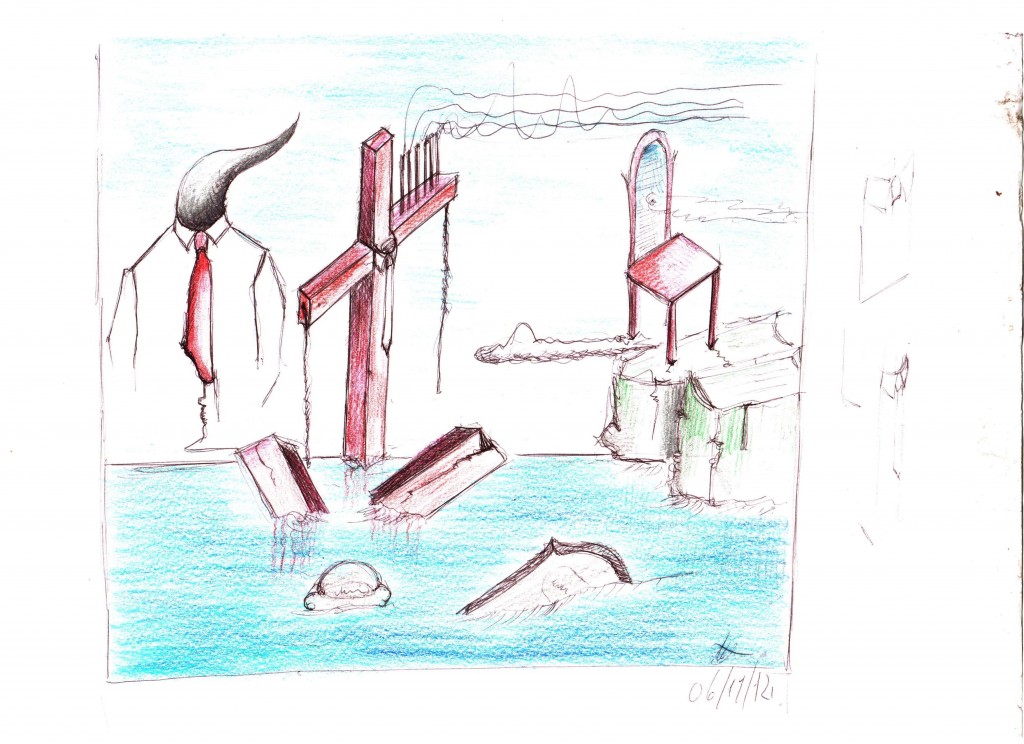 Dopo un nubifragio: schizzo (After a storm: sketch), 2014 disegno a penna e pastelli (pen drawing and pastels) cm  29,5x21, Pasquale Mastrogiacomo, Acerno (SA).