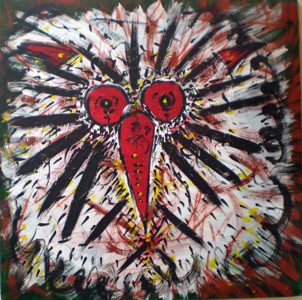 Un'espressione attonita di un gufo (A stunned expression of an owl), 1994 dipinto acrilico su tela ( painting acrylic on canvas) cm 100x100, Pio Mastrogiacomo, Acerno (SA).