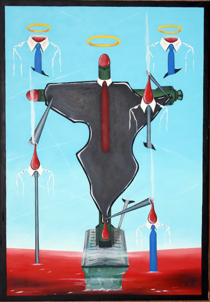 Crocifissione di un continente (Crucifixion of a continent), 2015 dipinto olio su tela (painting oil on canvas) cm 35x50, Pasquale Mastrogiacomo, Acerno (SA).