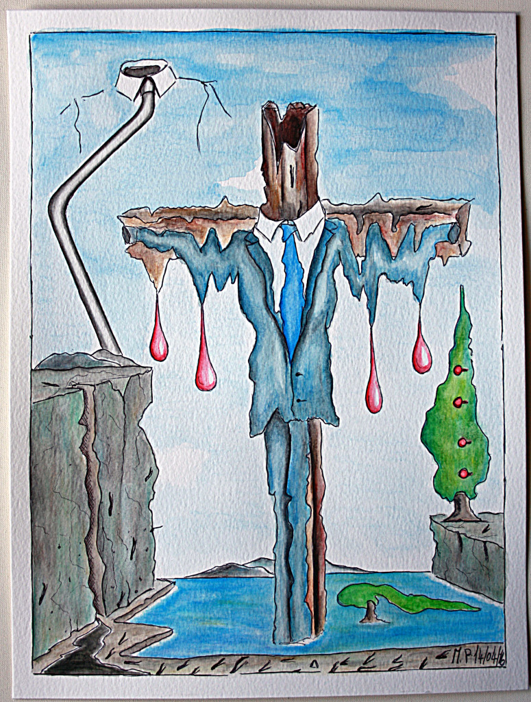 Istogramma di una crocifissione (Histogram of a crucifixion), 14/04/2016   disegno a penna e acquerello (pen drawing and watercolor), cm 24x32, Pasquale Mastrogiacomo, Acerno (SA).