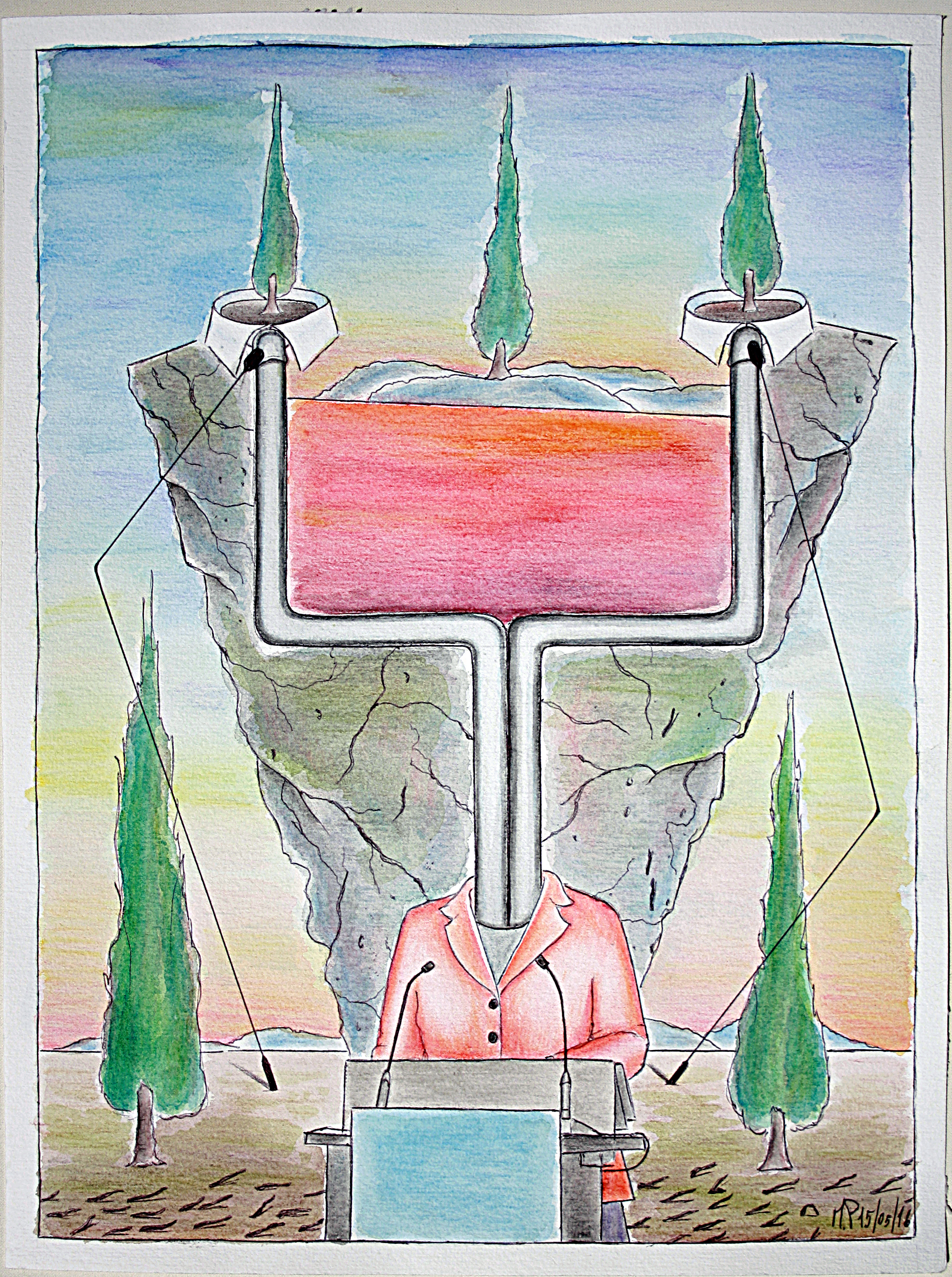 Europa in Ade (Europe Ade), 15/05/2016, disegno a penna e acquerello (pen drawing and watercolor), cm 30x40, Pasquale Mastrogiacomo, Acerno (SA).