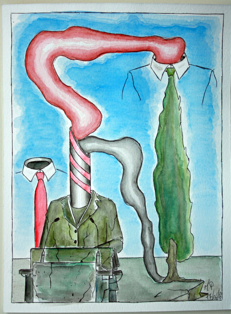 Trasmigrazione (Transmigration), 17/06/2016 disegno a penna e acquerello (pen drawing and watercolor), cm 24x32, Pasquale Mastrogiacomo, Acerno (SA). 