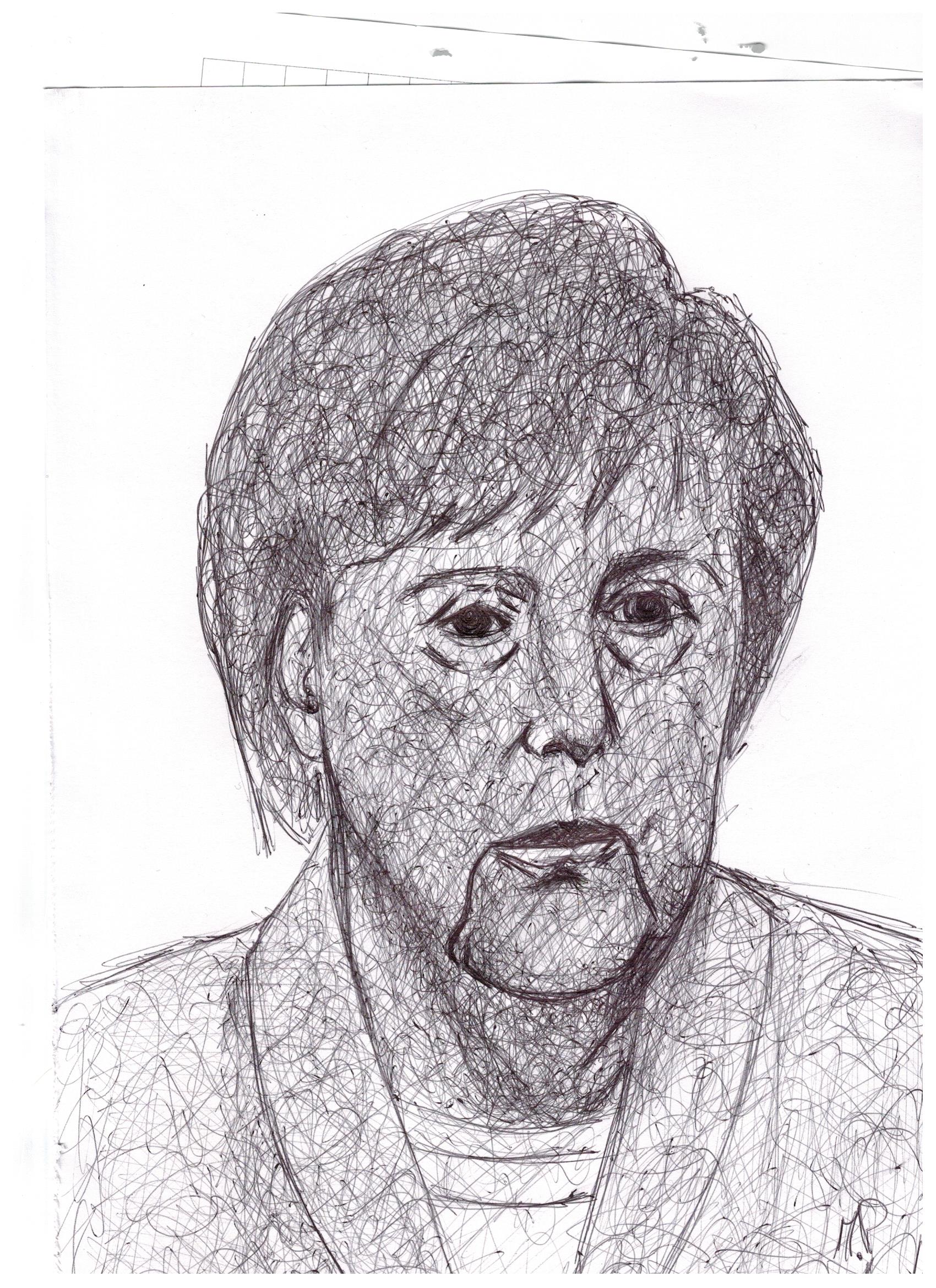 Scarabocchio a penna (Scribble in pen), Angela Merkel, 2017 disegno a penna su carta, cm 24x32,Pasquale Mastrogiacomo, Acerno (SA).