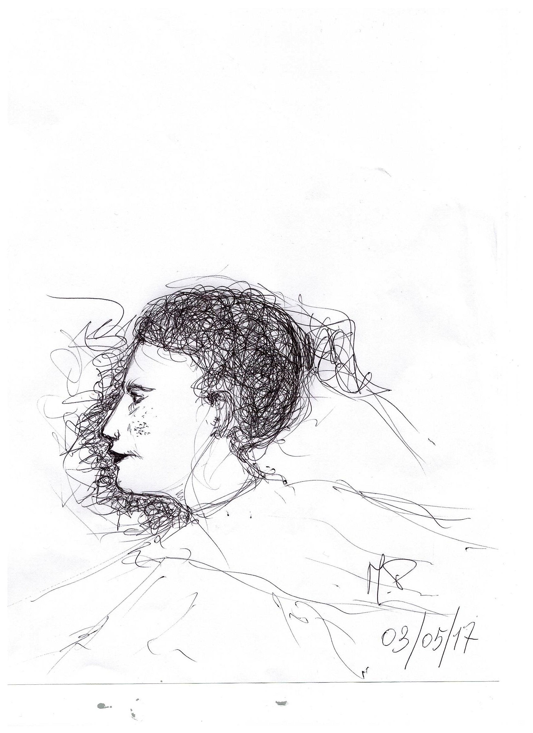 Scarabocchio a penna (Pen scribble), Profilo di una donna immaginaria, disegno a penna (Pen drawing) su foglio A4, Pasquale Mastrogiacomo, Acerno (SA).