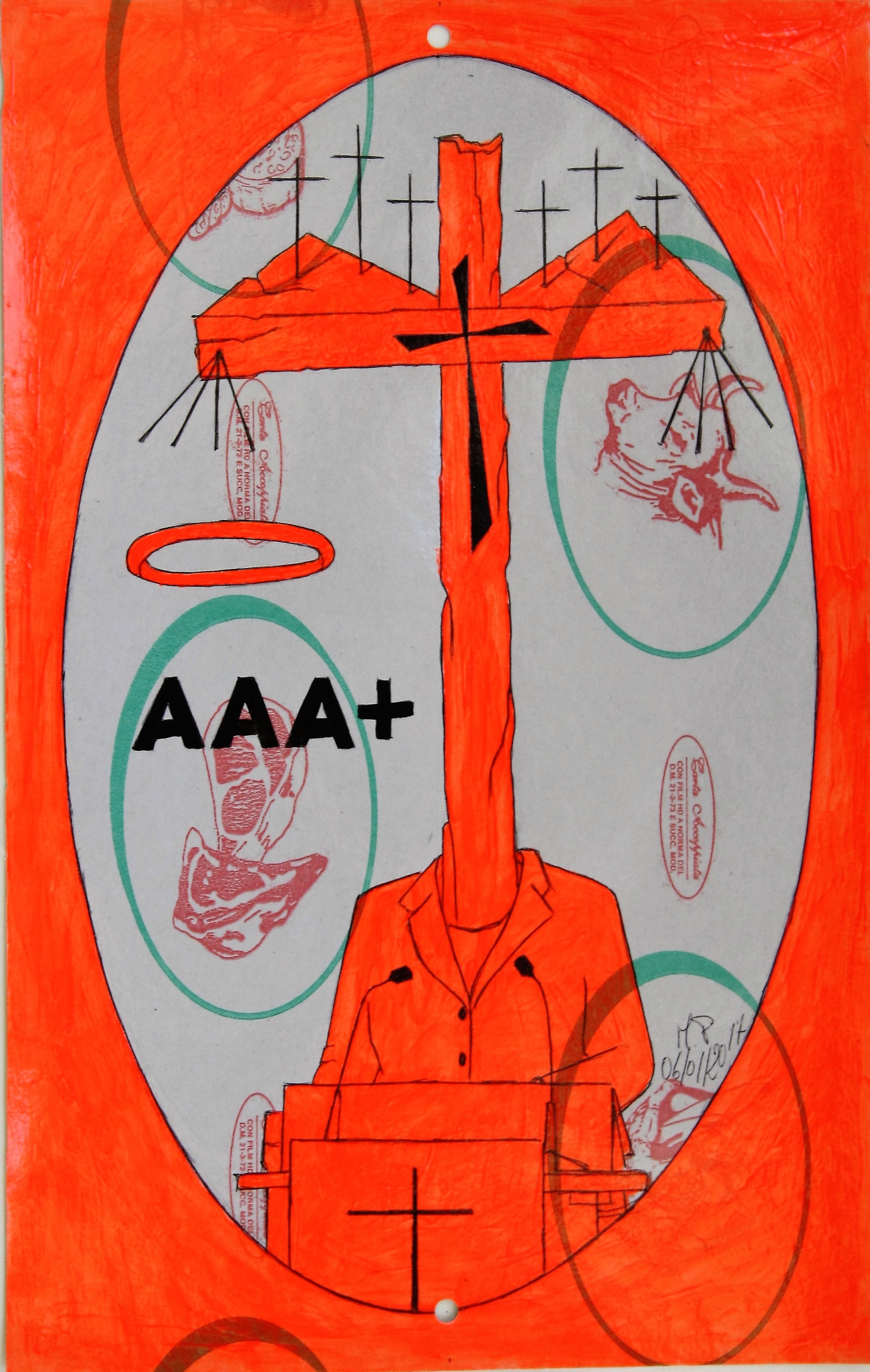 Disegno eseguito con penna nera e rosso fluorescente su carta politenata (carta per alimenti usata in macelleria) successivamente plastificata. Biennale del libro d'artista 2017, Napoli. Pasquale Mastrogiacomo, Acerno (SA).