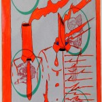 Crocifissione per Default (composizione 3/7). Disegno eseguito con penna nera e rosso fluorescente su carta politenata (carta per alimenti usata in macelleria) successivamente plastificata. Biennale del libro d'artista 2017, Napoli. Pasquale Mastrogiacomo, Acerno (SA).