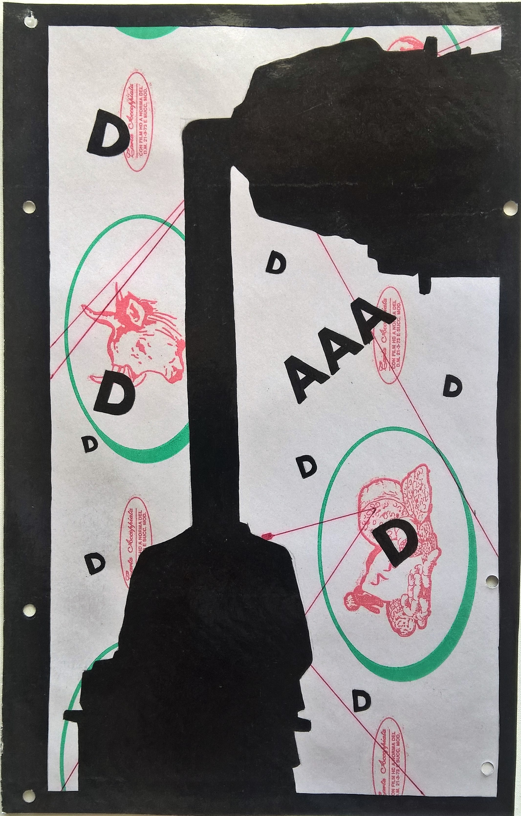 Prova d'autore, 06/01/2017,disegno eseguito con penna nera e nero acrilico su carta politenata (carta per alimenti usata in macelleria) successivamente plastificata,Pasquale Mastrogiacomo, Acerno(SA).