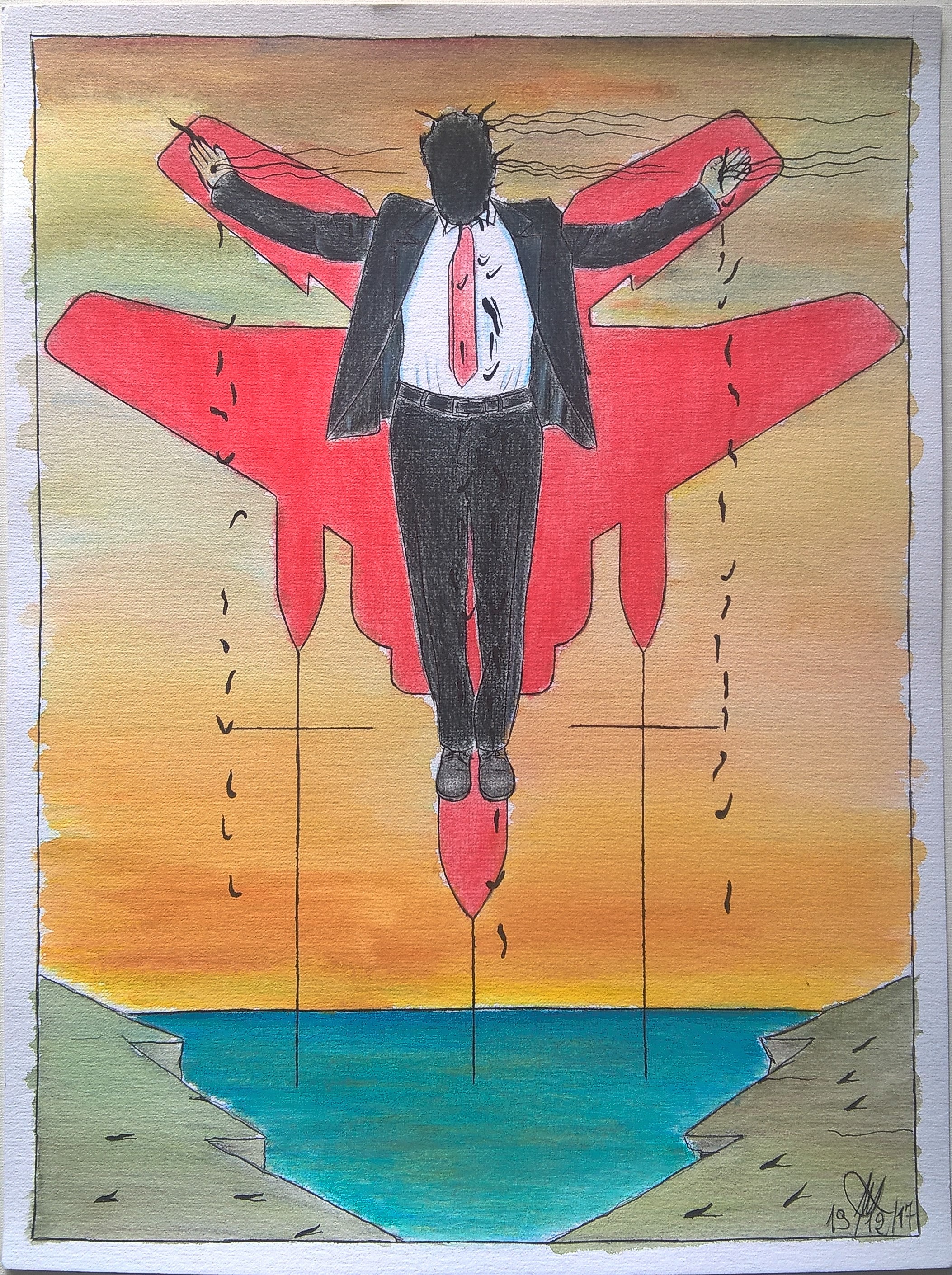 Crocifissione di un colletto bianco (Crucifixion of a white collar),2017 disegno con matite acquerellabili e matite colorate (drawing with watercolor pencils and colored pencils), cm 30×40, Pasquale Mastrogiacomo, Acerno (SA).