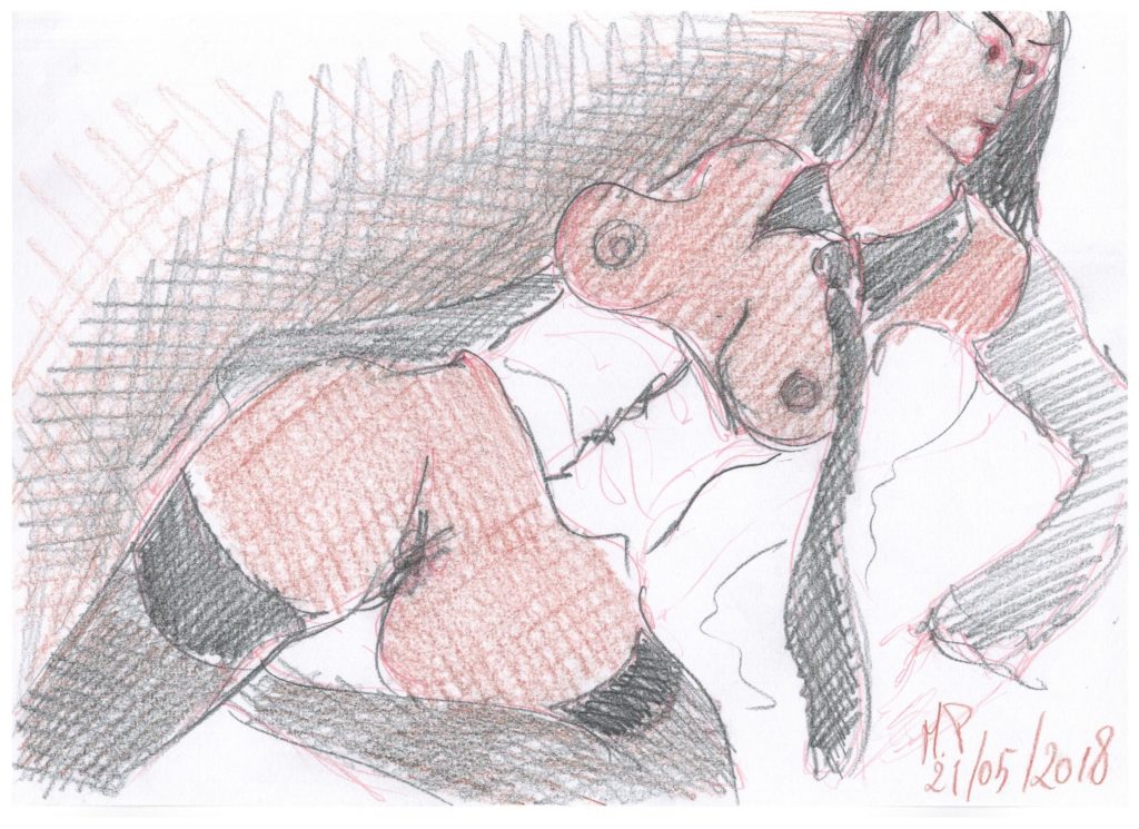 Schizzando di getto una donna immaginaria, 2018 disegno a matita su foglio cm 29,5x21, Pasquale Mastrogiacomo, Acerno (SA).