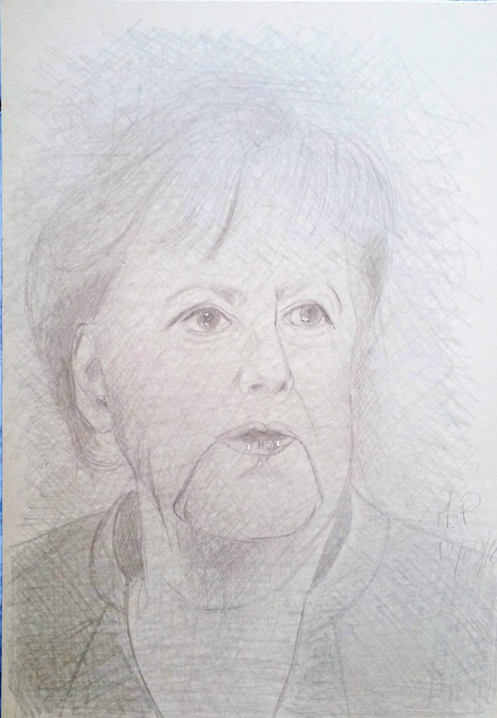 Ritratto di Angela Merkel, 2018 cm 24x34,disegno con MINA D'ARGENTO PURO 1000/1000 su carta preparata opportunamente, Pasquale Mastrogiacomo,Acerno(SA).