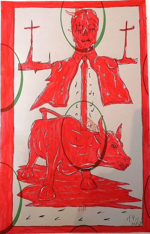 Taccuino di CAR..ta sottovuoto (composizione 1/8), 2019, penna nera e rosso fluorescente su carta politenata plastificata, Pasquale Mastrogiacomo  