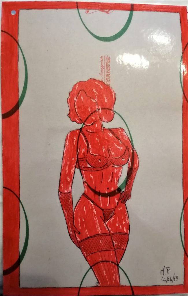 Taccuino di CAR..ta sottovuoto (composizione 2/8), 2019, penna nera e rosso fluorescente su carta politenata plastificata, Pasquale Mastrogiacomo