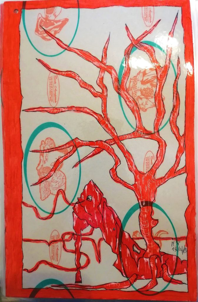 Taccuino di CAR..ta sottovuoto (composizione 7/8), 2019, penna nera e rosso fluorescente su carta politenata plastificata, Pasquale Mastrogiacomo