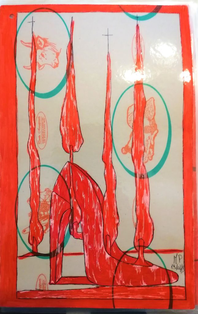 Taccuino di CAR..ta sottovuoto (composizione 5/8), 2019, penna nera e rosso fluorescente su carta politenata plastificata, Pasquale Mastrogiacomo