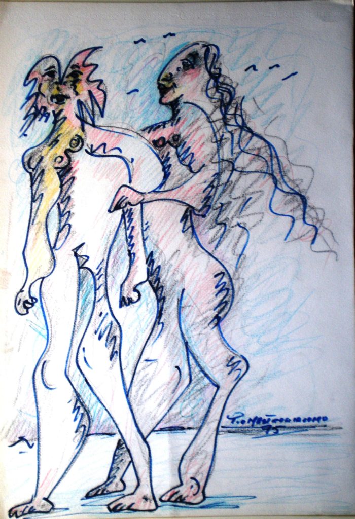 Animali in coppia, 1995 disegno a matita e colori a spirito, Pio Mastrogiacomo, Acerno (SA).