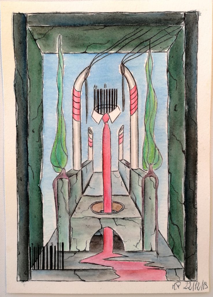 Sedile colatoio con codice a barre, 2019, disegno a penna nera e acquerello su carta di Amalfi cm 17x24, Pasquale Mastrogiacomo.
