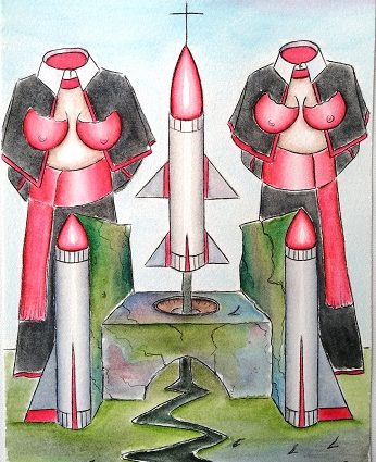 Sedile colatoio con testata nucleare, 2020 disegno a penna nera e acquerello su carta di Amalfi 100% cotone, cm 17×24, Pasquale Mastrogiacomo.