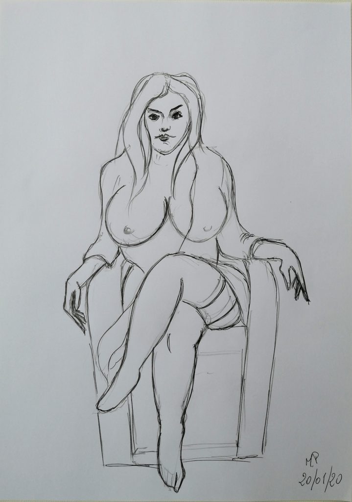 La cortigiana amica di Venere, 2020 disegno a penna su foglio cm 21x29,Pasquale Mastrogiacomo.