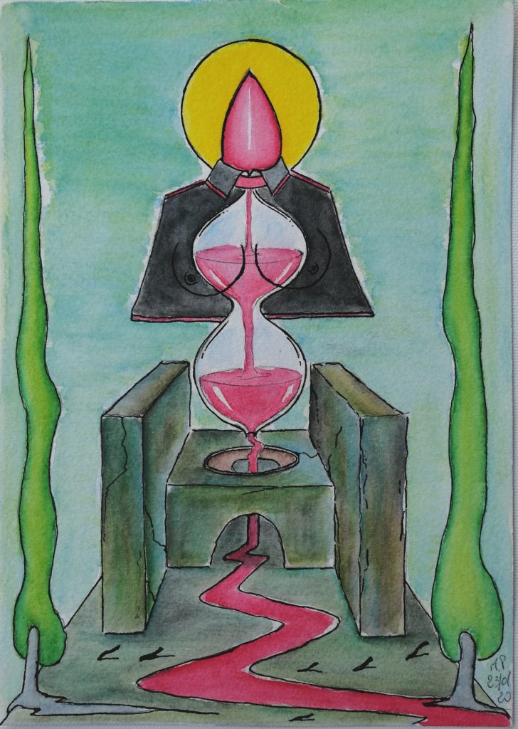Sedile colatoio con ampolla sacra, 2020 disegno a penna nera e acquerello su carta di Amalfi 100% cotone, cm 17×24,Pasquale Mastrogiacomo.