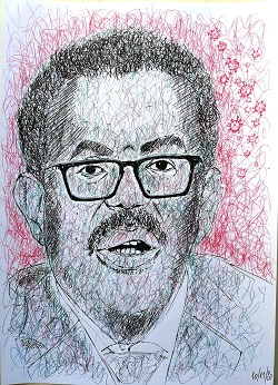 Ritratto di Tedros Adhanom Ghebreyesus, 2020 disegno a penna su foglio A4,Pasquale Mastrogiacomo.