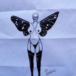 Schizzo di getto di una donna farfalla prete, 2021, penne e pennarello nero su un foglio di fortuna.Quando l'erotismo diventa macabra creatività,Pasquale Mastrogiacomo