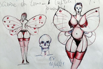 Schizzi di donna farfalla, 2021 disegni a penna su foglio A4, Pasquale Mastrogiacomo