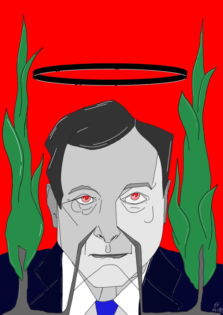 Ritratto del Presidente Mario Draghi con cipressi, 2021 disegno digitale, Pasquale Mastrogiacomo