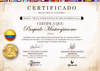 Certificato di partecipazione alla 4° Biennale Internazionale di Arte Contemporanea “Biarco” Armenia , Colombia,SECONDO posto di Pittura Surrealista,Pasquale Mastrogiacomo