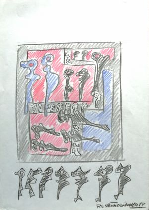 Il cantore infinito delle chiavi, 1998 disegno con matite colorate su foglio A4, Pio Mastrogiaco.