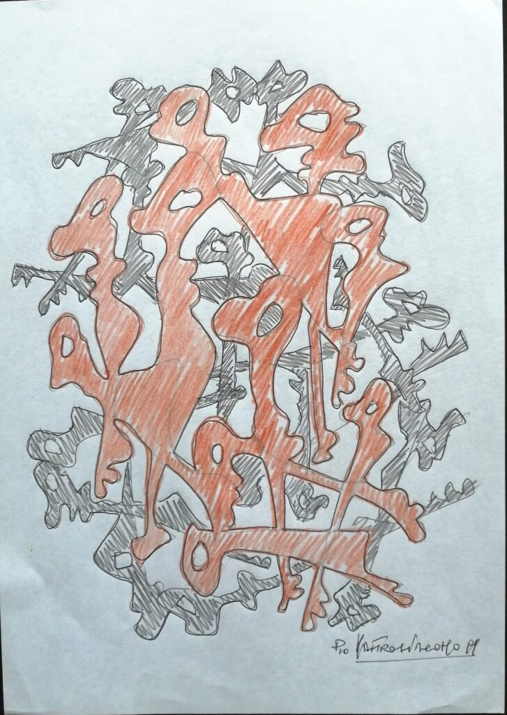 Il cantore infinito delle chiavi, 1999 disegno con matite colorate sul foglio A4, Pio Mastrogiacomo