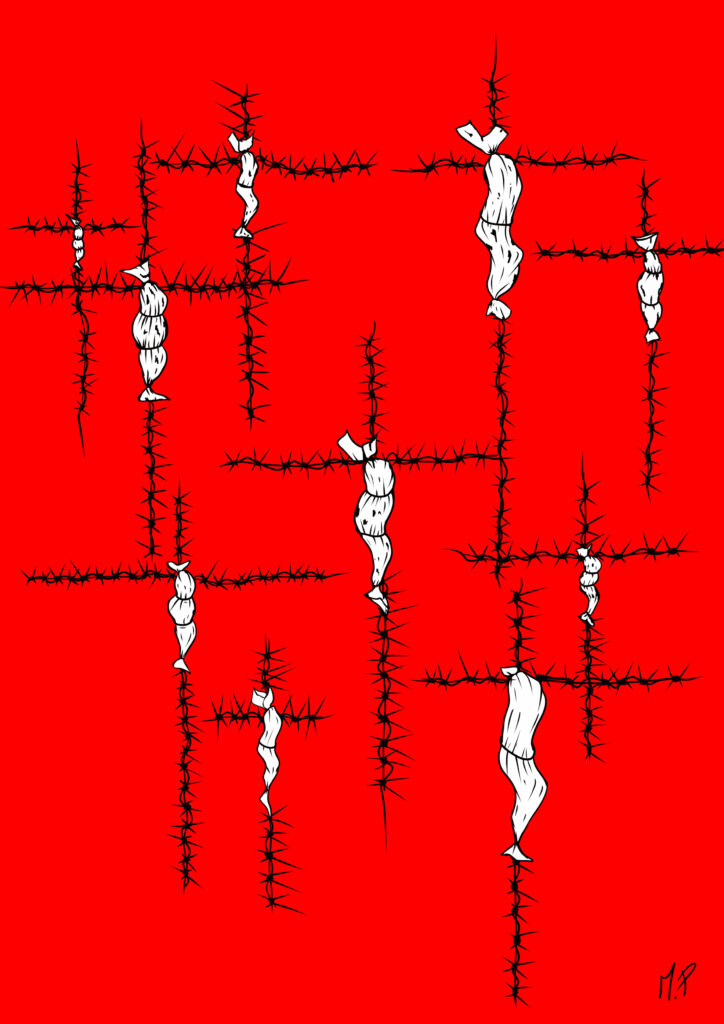 Crocifissione di BAMBINI Palestinesi, 2023 disegno digitale, Pasquale Mastrogiacomo