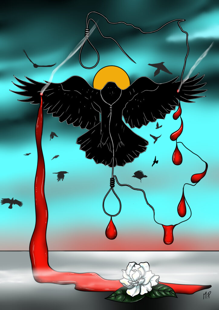 Crocifissione di un corvo 2, 2024 disegno digitale, Pasquale Mastrogiacomo